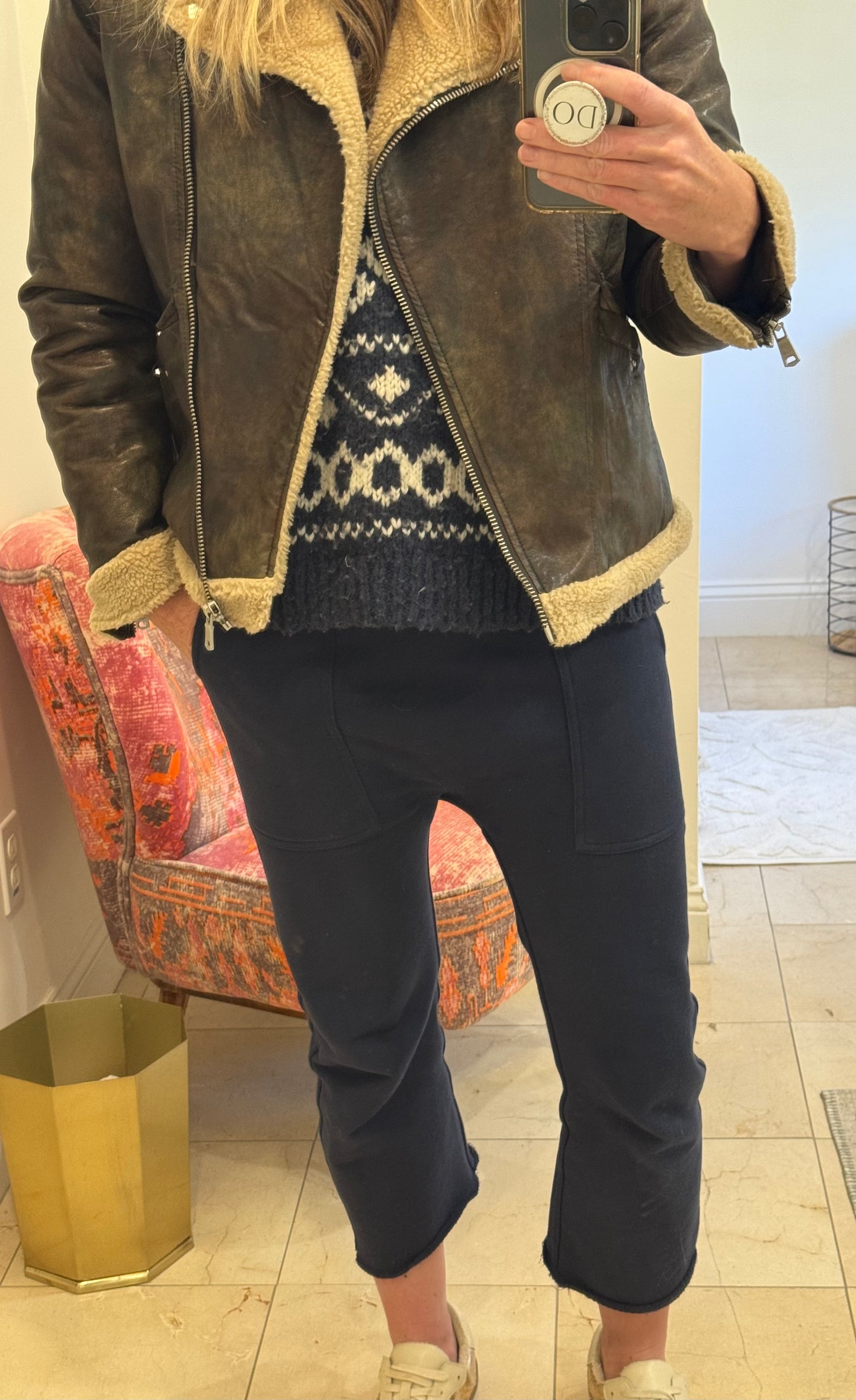 Navy Blue tailored sweatpants with tapered leg and elastic waistband.